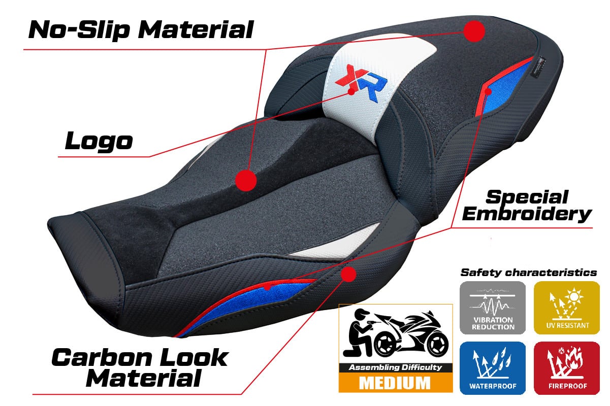 BMW S 1000 XR 2024- poťah sedadla TPZ Linz Ultragrip WRB (white-red-blue) – Obrázok 2